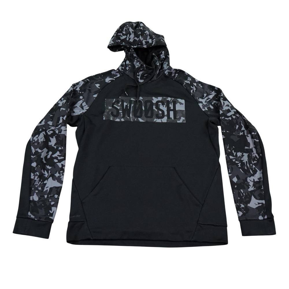 Nike Camo Swoosh Hoodie Men M Black Gray Therma Fit Pullover Raglan 811897-010